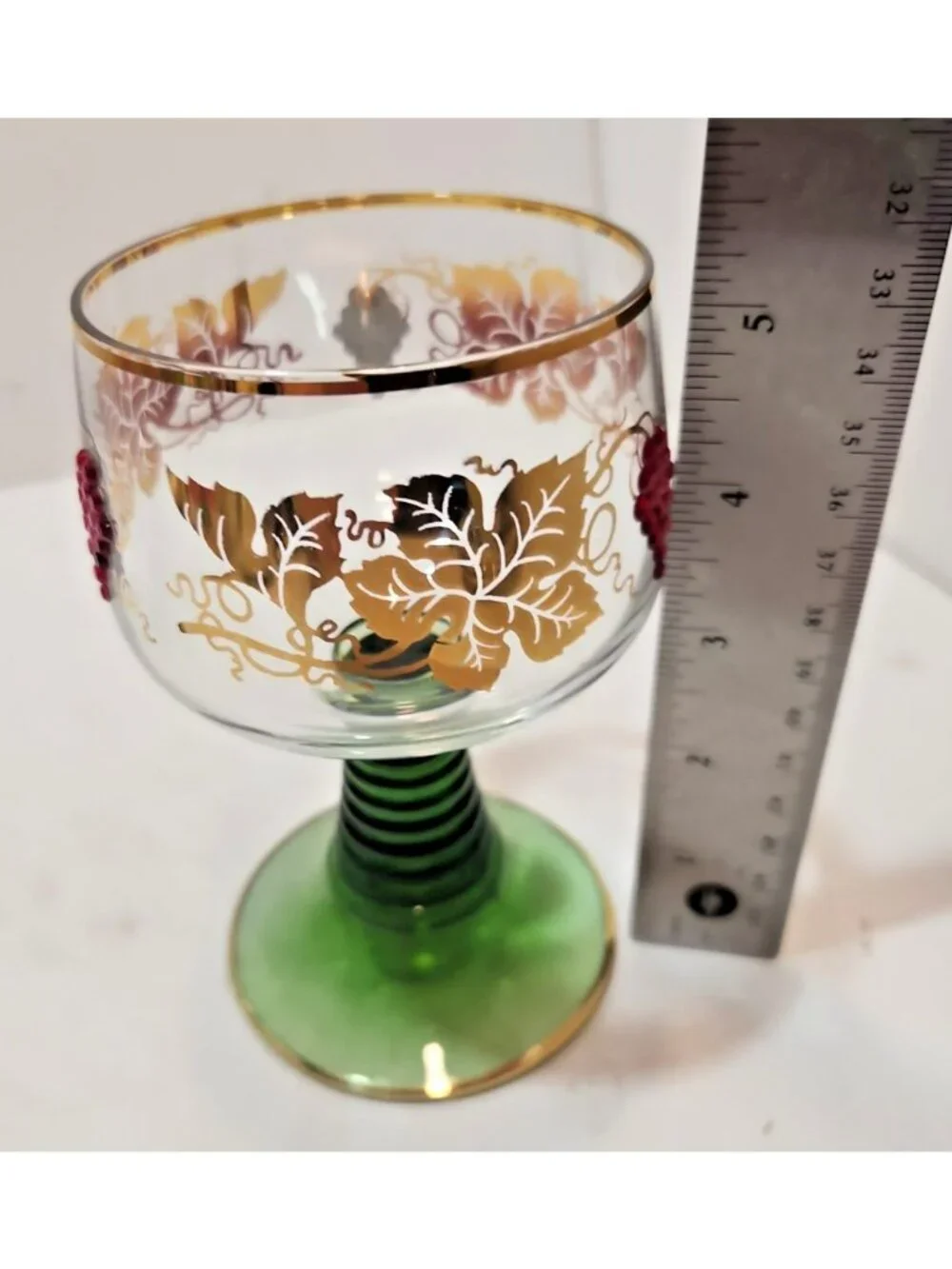 Vtg W. Germany Roemer Wine Glasses Green Beehive Stem Red Jeweled Grapes W/Gold
